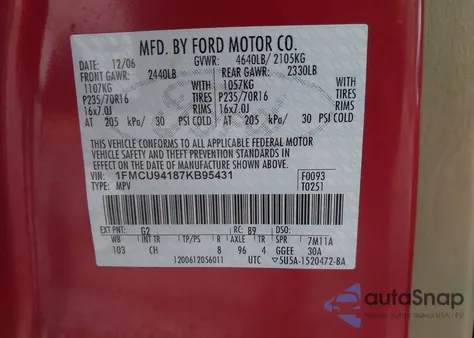 2007 Ford Escape Limited z USA, uszkodzony, nr VIN 1FMCU94187KB95431